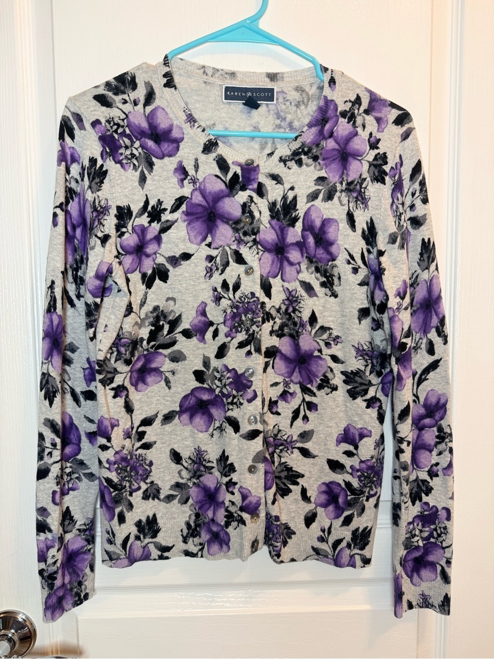 Karen Scott Gray Purple Floral Button Front Cardigan Sweater small